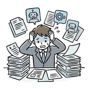 多忙な業務の中でAIロボットに仕事を頼みたいと考える男性の手書き風イラスト