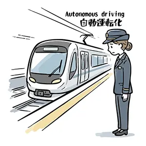 自動運転化された電車を見送り頭を下げる女性車掌の手書き風イラスト