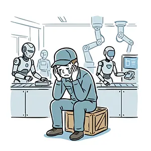 稼働する工場ロボットの前で座り込んで泣く作業員の手書き風イラスト