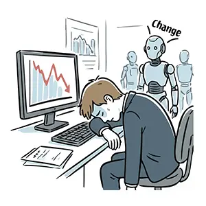 株価暴落で落ち込む男性と背後に立つAIロボットたちの手書き風イラスト