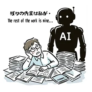 書類に埋もれる疲れた男性と背後から仕事を代わろうとするAIロボットの影の手書き風イラスト