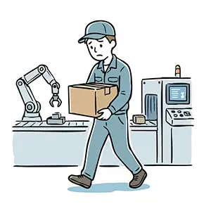 ロボットが稼働する工場から荷物を持って立ち去る失業した男性の手書き風イラスト