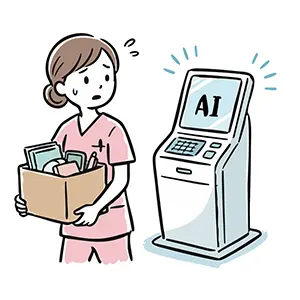 最新の医療AI機器に仕事を奪われ退職する看護師の手書き風イラスト