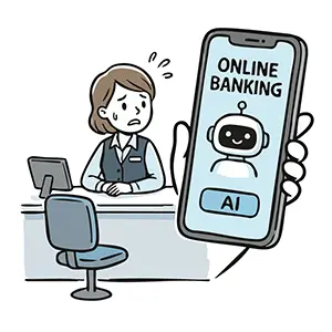 スマホのAI銀行アプリと仕事の減少に焦る窓口女性の手書き風イラスト