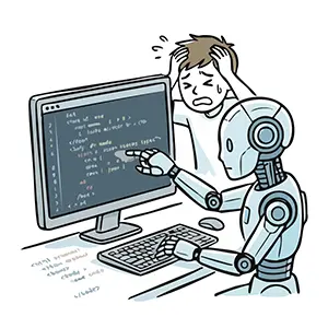 AIロボットにコードを指摘され頭を抱えるプログラマーの手書き風イラスト
