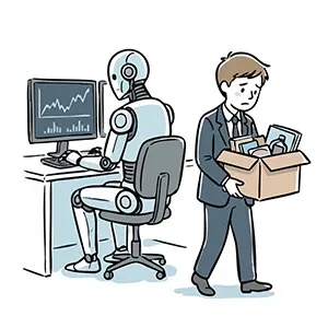 オフィスで働くAIロボットを背に退職する男性の手書き風イラスト