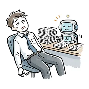 大量の仕事をこなすAIロボットの横で居眠りする男性会社員の手書き風イラスト