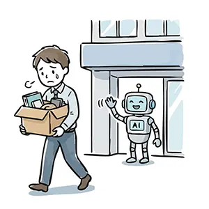 笑顔で手を振るAIロボットに見送られ会社を去る失業した男性の手書き風イラスト