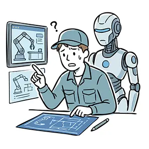 AIロボットの指示内容が分からず困惑する男性技術者の手書き風イラスト