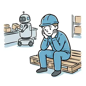 倉庫内で働く搬送ロボットの横で仕事がなく座り込む男性作業員の手書き風イラスト