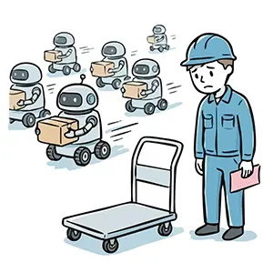 自動搬送ロボットの群れと仕事がなくなり悲しむ倉庫作業員の男性の手書き風イラスト