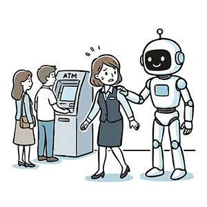 ATM利用中にAIロボットに声をかけられ困惑する女性の手書き風イラスト