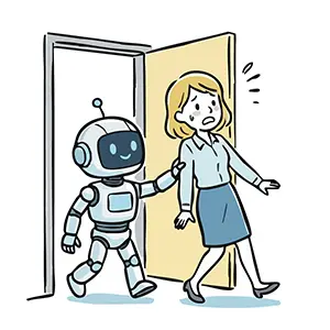 笑顔のAIロボットにドアの外へ押し出される女性社員の手書き風イラスト