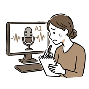 音声認識AI画面を見ながらメモを取る女性ライターの手書き風イラスト