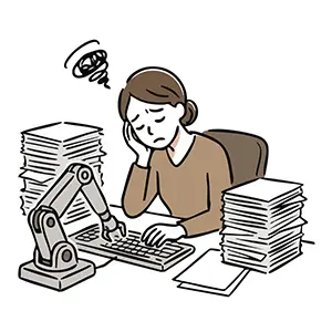 キーボード入力を行うロボットアームとそれを見て悩む女性事務員の手書き風イラスト