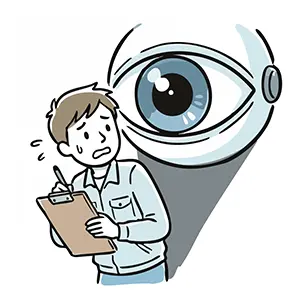 巨大なAI監視カメラの目に見下ろされ緊張する男性作業員の手書き風イラスト