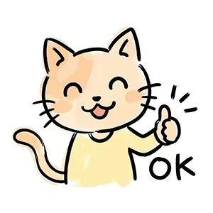笑顔でサムズアップして「OK」のポーズをとる猫のキャラクターの手描き風イラスト