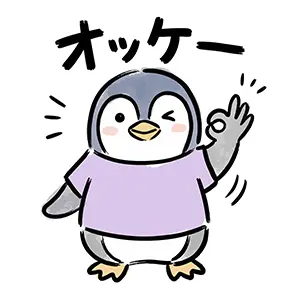 ウインクをして指でOKサインを作り「オッケー」と伝えるペンギンのキャラクターの手描き風イラスト