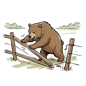 牧場や畑を囲う木の柵を手で押し壊して、強引に乗り越えようとする熊