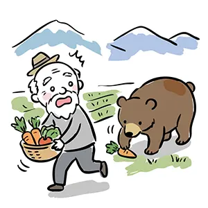 カゴに入った野菜を持って逃げる高齢男性と、落ちた人参を狙って追いかける熊