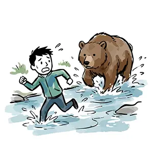 川の中で水しぶきを上げて走って逃げる男性と、その後ろから追いかけてくる大きな熊