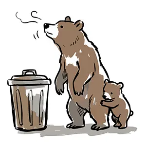 匂いが漂うゴミ箱（ポリバケツ）に鼻を近づけて興味を示している母熊と子熊