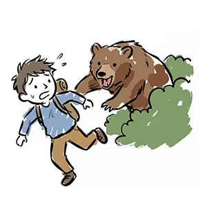 背後の茂みから現れた熊に驚き、リュックを背負ったまま走って逃げようとする男の子