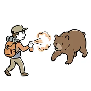 迫ってくる熊に向かって、リュックを背負った男性がクマスプレーを噴射している様子