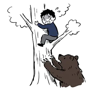 追ってくる熊から逃げるため高い木にしがみつく男性と、木の下で爪を立てる熊