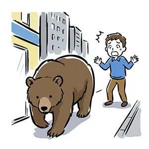 ビルのある街中の歩道で、正面から歩いてきた大きな熊に遭遇して驚く男性
