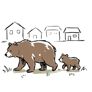 背景に家が並ぶ住宅地で、子熊を連れて歩いている大きな母熊の横姿