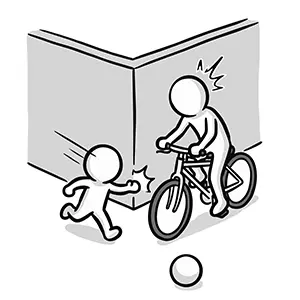 見通しの悪い曲がり角で自転車と飛び出した子供がぶつかりそうになる場面