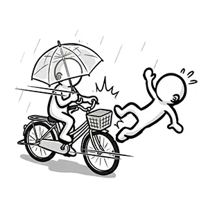雨の日に傘をさしながら自転車を運転し歩行者にぶつかる人