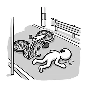 道路の脇に自転車が倒れ運転手が血を流して意識不明で倒れている現場