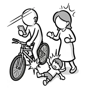 スマホを操作する自転車が子供にぶつかり母親が驚く様子