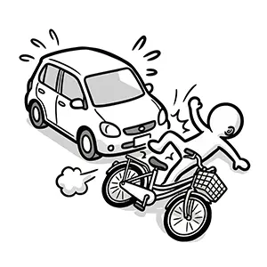車道を走行中の自転車が後方から自動車に追突され跳ね飛ばされる様子