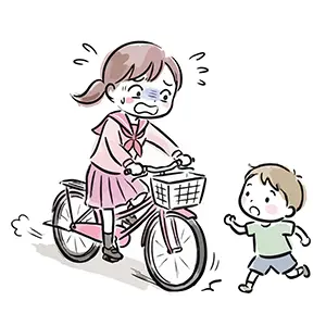 ブレーキが効かない自転車で子供に衝突しそうになり焦る女子学生のイラスト