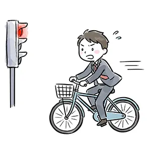 赤信号を無視して自転車で急ぐスーツ姿のサラリーマンのイラスト