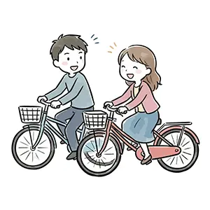 道路を並んで走りながらおしゃべりをしている男女の自転車並進のイラスト