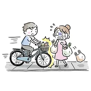 歩道を走る自転車が歩行者の女性に衝突しそうになっている危険なイラスト
