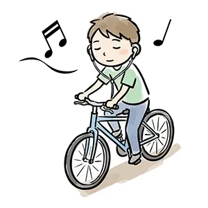 イヤホンをして音楽を聴きながら自転車を運転する男性のイラスト