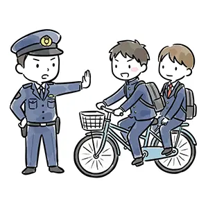 自転車で二人乗りをする男子学生を制止して注意する警察官のイラスト