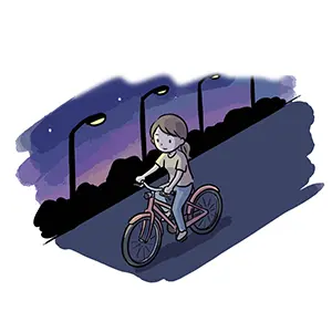 夜間にライトを点灯せず暗い道を自転車で走る無灯火運転のイラスト