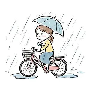 雨降る中で傘をさして片手で自転車に乗る女性のイラスト