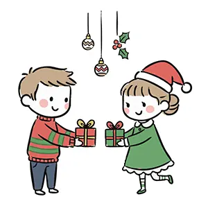 クリスマスにプレゼント交換をする子供たちのかわいい手書き風無料イラスト