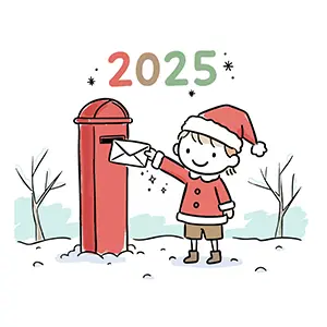 2025年クリスマスにポストへ手紙を入れる男の子の雪景色かわいい無料イラスト