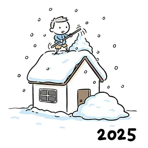 2025年の大雪に備えて屋根の雪下ろしをする男性の手書き風無料イラスト