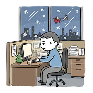 クリスマスに残業中のオフィスからサンタを見る男性会社員の無料イラスト