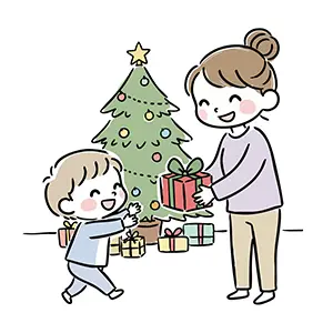 クリスマスに母親へプレゼントを渡す男の子の心温まる無料イラスト