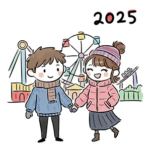 2025年クリスマスに遊園地デートをするカップルのかわいい無料イラスト